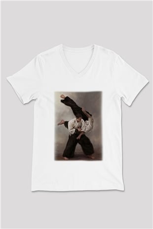 Aikido Beyaz Unisex V Yaka Tişört T-Shirt