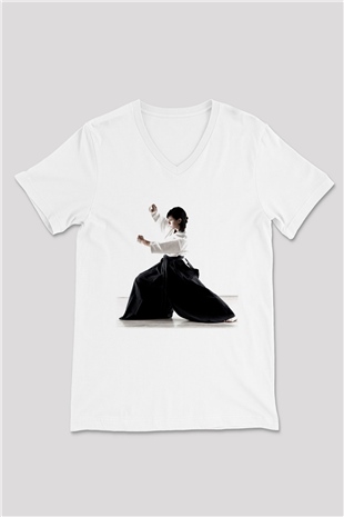 Aikido Beyaz Unisex V Yaka Tişört T-Shirt