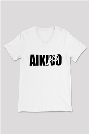 Aikido Beyaz Unisex V Yaka Tişört T-Shirt