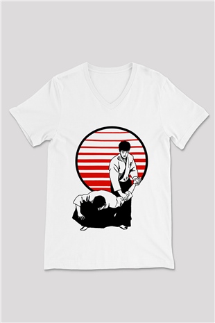 Aikido Beyaz Unisex V Yaka Tişört T-Shirt