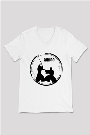 Aikido Beyaz Unisex V Yaka Tişört T-Shirt