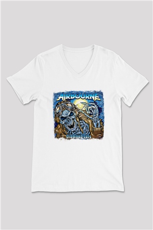 Airbourne Baskılı Unisex Beyaz V Yaka Tişört