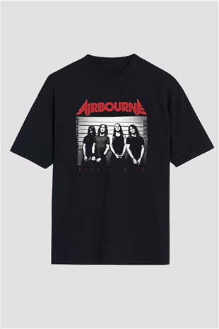 Airbourne Baskılı Unisex Siyah Oversize Tişört