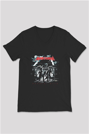 Airbourne Baskılı Unisex Siyah V Yaka Tişört