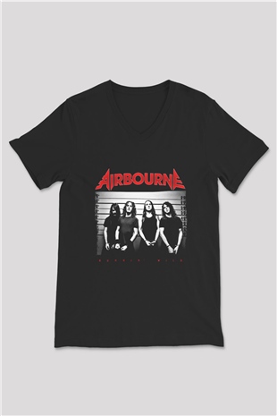 Airbourne Baskılı Unisex Siyah V Yaka Tişört