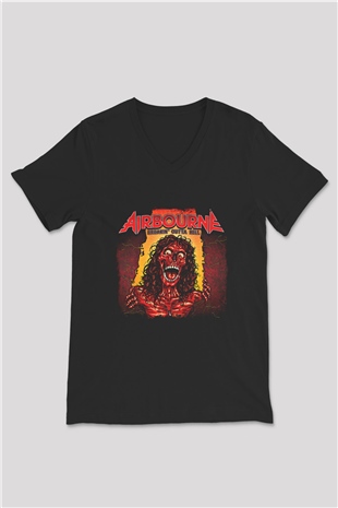 Airbourne Baskılı Unisex Siyah V Yaka Tişört