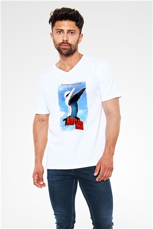 Airplane Beyaz Unisex  V Yaka Tişört