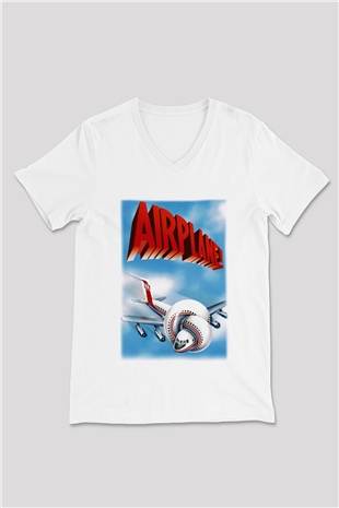 Airplane Beyaz Unisex V Yaka Tişört