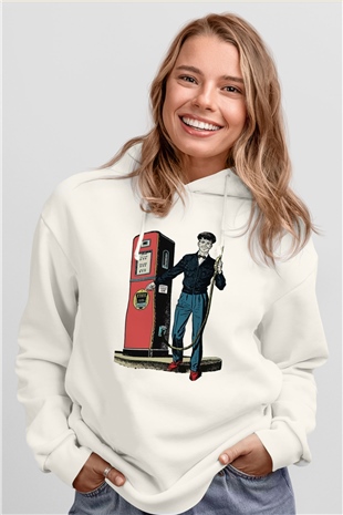 Akaryakıt Beyaz Unisex Kapüşonlu Sweatshirt