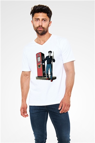 Akaryakıt Beyaz Unisex V Yaka Tişört