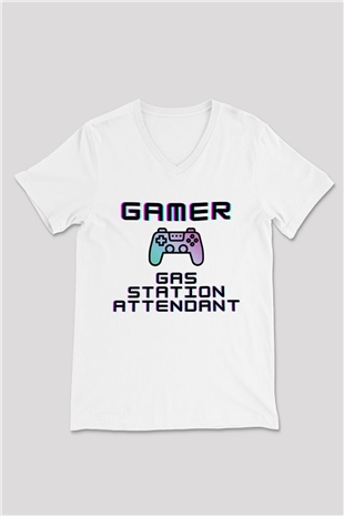 Akaryakıt Beyaz Unisex V Yaka Tişört