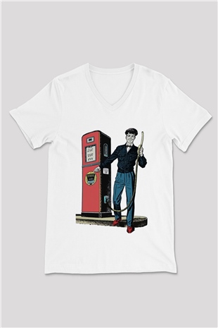 Akaryakıt Beyaz Unisex V Yaka Tişört