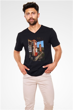 Akaryakıt Siyah Unisex V Yaka Tişört