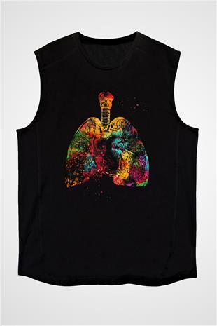 Akciğer Baskılı Unisex Kolsuz Siyah Tişört - Tshirt