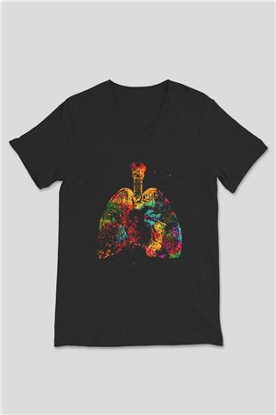 Akciğer Baskılı Unisex V Yaka Siyah Tİşört - Tshirt