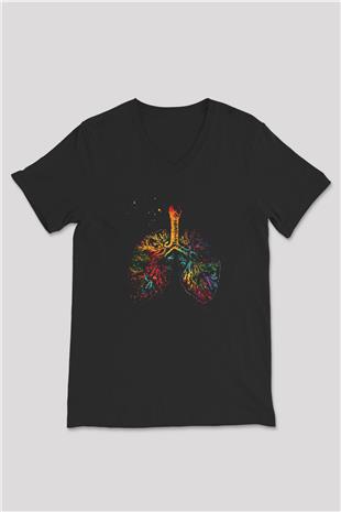 Akciğer Damarlar Renkli Baskılı Unisex V Yaka Siyah Tİşört - Tshirt