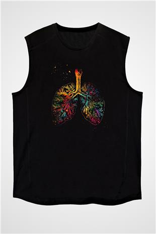 Akciğer Damarlar Renkli Baskılı Unisex Kolsuz Siyah Tişört - Tshirt