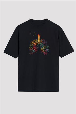 Akciğer Damarlar Renkli Baskılı Unisex Oversize Tişört - Tshirt