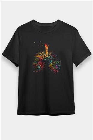 Akciğer Damarlar Renkli Baskılı Unisex Siyah Tişört - Tshirt