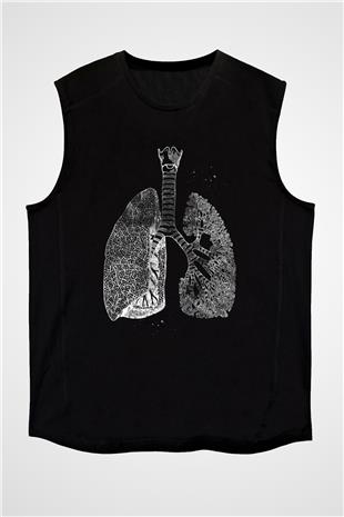 Akciğerler Baskılı Unisex Kolsuz Siyah Tişört - Tshirt