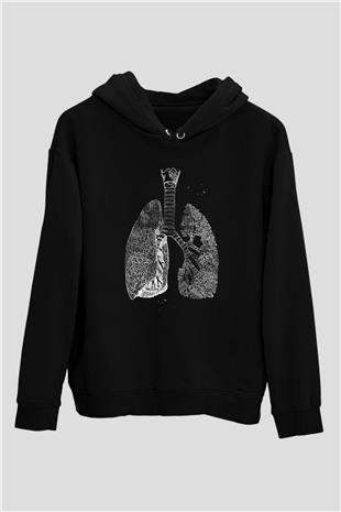 Akciğerler Baskılı Unisex Siyah Kapüşonlu Sweatshirt