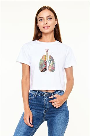 Akciğerler Renkli Baskılı Kadın Crop Top Beyaz Tişört