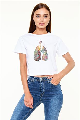 Akciğerler Renkli Baskılı Kadın Crop Top Beyaz Tişört