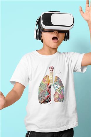 Akciğerler Renkli Baskılı Unisex Beyaz Çocuk Tişörtü - Tshirt