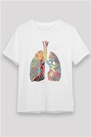 Akciğerler Renkli Baskılı Unisex Beyaz Tişört - Tshirt