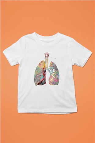 Akciğerler Renkli Baskılı Unisex Beyaz Çocuk Tişörtü - Tshirt