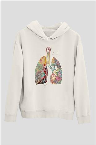 Akciğerler Renkli Baskılı Unisex Ekru Hoodie
