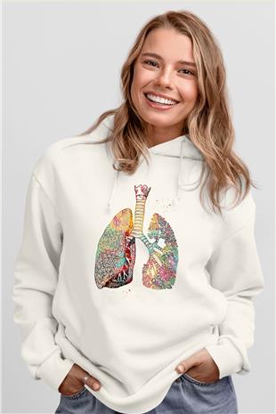 Akciğerler Renkli Baskılı Unisex Ekru Hoodie