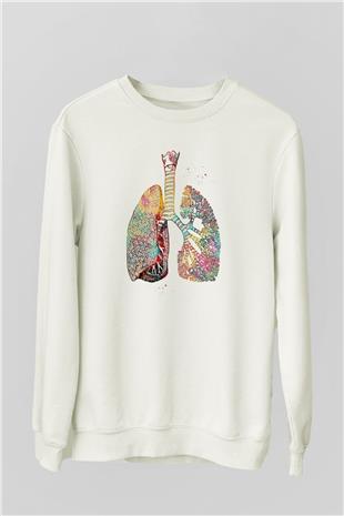 Akciğerler Renkli Baskılı Unisex Ekru Sweatshirt
