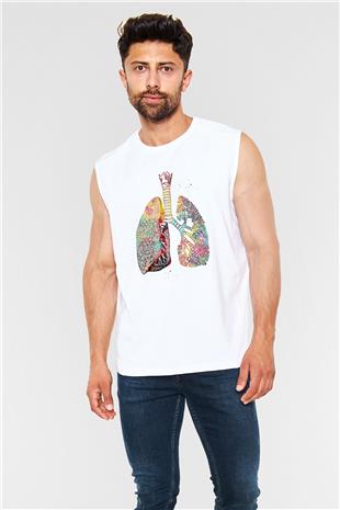 Akciğerler Renkli Baskılı Unisex Kolsuz Beyaz Tişört - Tshirt