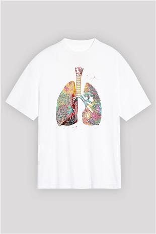 Akciğerler Renkli Baskılı Unisex Oversize Beyaz Tişört - Tshirt