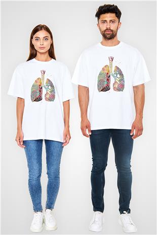 Akciğerler Renkli Baskılı Unisex Oversize Beyaz Tişört - Tshirt