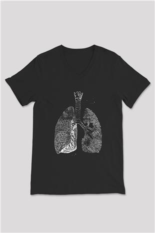 Akciğerler Renkli Baskılı Unisex V Yaka Siyah Tİşört - Tshirt
