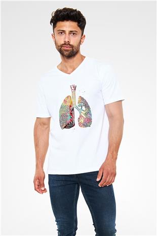 Akciğerler Renkli Baskılı Unisex V Yaka Beyaz Tişört - Tshirt