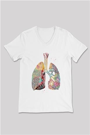 Akciğerler Renkli Baskılı Unisex V Yaka Beyaz Tişört - Tshirt