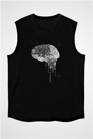 Akışkan İnsan Beyni Baskılı Unisex Kolsuz Siyah Tişört - Tshirt