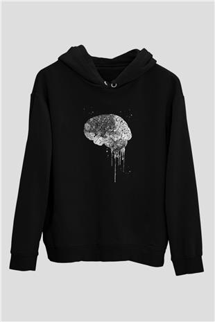 Akışkan İnsan Beyni Baskılı Unisex Siyah Kapüşonlu Sweatshirt