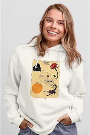 Akrep Burcu Baskılı Beyaz Unisex Hoodie