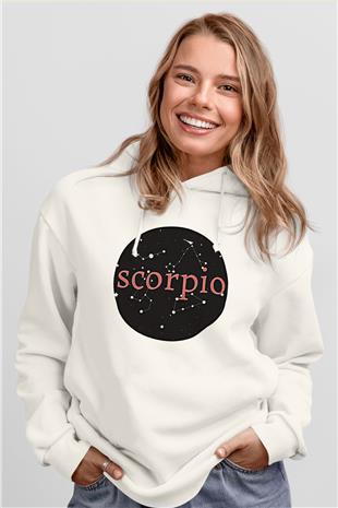 Akrep Burcu Baskılı Beyaz Unisex Hoodie