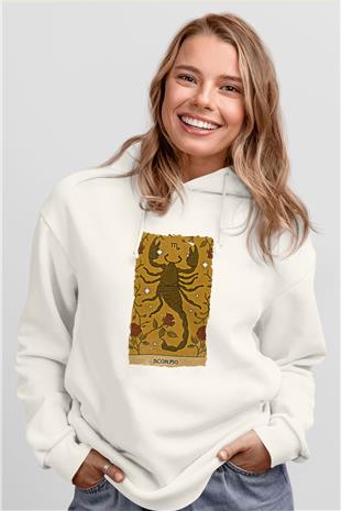 Akrep Burcu Baskılı Beyaz Unisex Hoodie