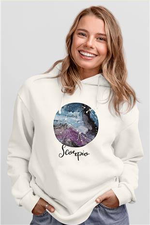 Akrep Burcu Baskılı Beyaz Unisex Hoodie