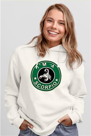 Akrep Burcu Baskılı Beyaz Unisex Hoodie