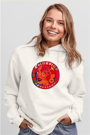 Akrep Burcu Baskılı Beyaz Unisex Hoodie