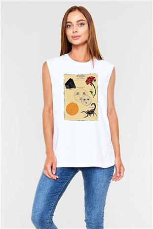 Akrep Burcu Baskılı Beyaz Unisex Kolsuz Tişört - Tshirt