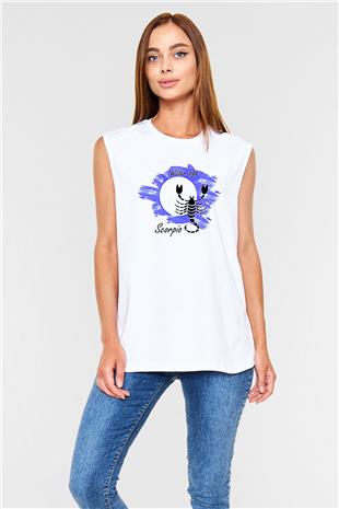 Akrep Burcu Baskılı Beyaz Unisex Kolsuz Tişört - Tshirt