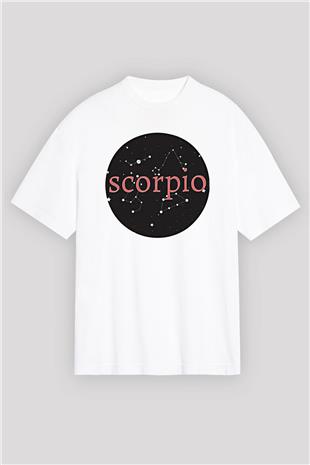 Akrep Burcu Baskılı Beyaz Unisex Oversize Tişört - Tshirt